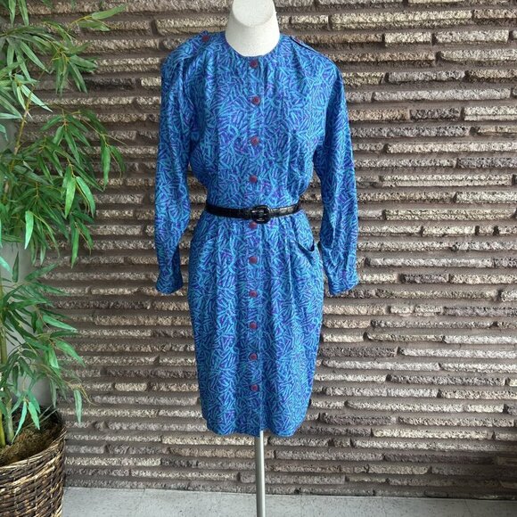 St. Gillian Vintage 80s Blue Purple Print 100% Silk Military Shirt Dress Size 6 - Picture 6 of 10